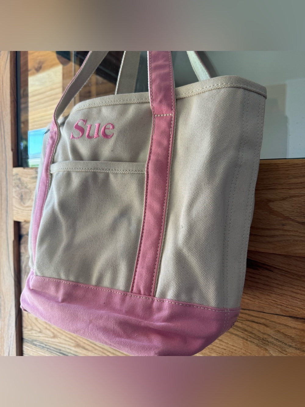 Lands’ End Canvas Tote Bag Pink & Natural Monogrammed “Sue” Medium Open Top Boat - Picture 4 of 13